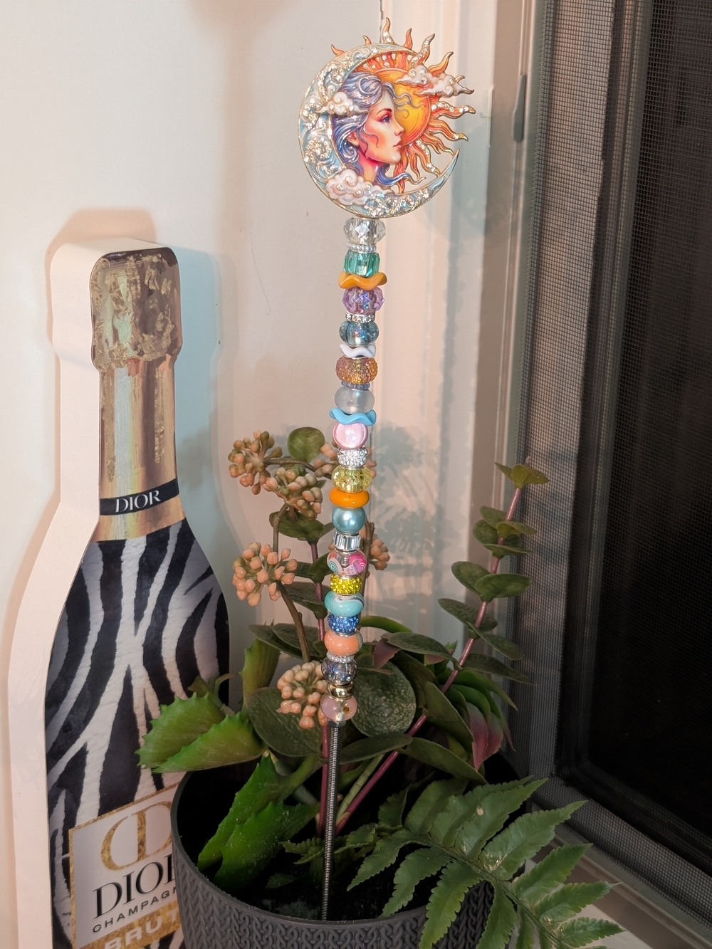 Hand Made Fairy Wand/Plant/Garden Stake W/Enamel Sun & Moon Topper